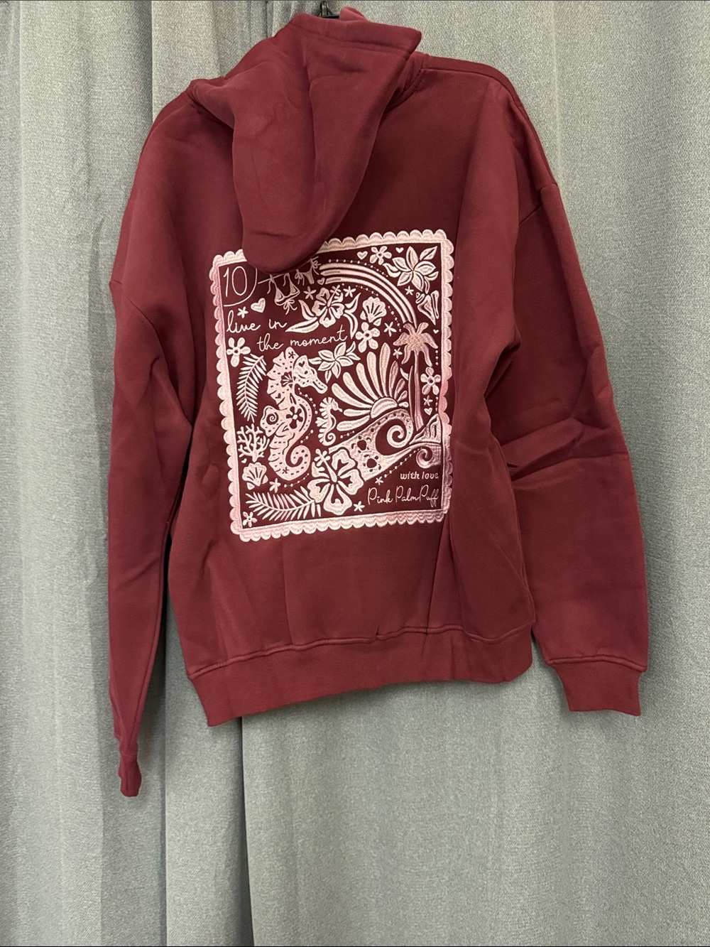 Pink Palm Puff Women's Maroon Hoodie - Picture 10 of 12